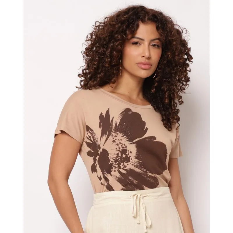 Blusa Feminina Estampa cm Strass Manga Curta Bege P