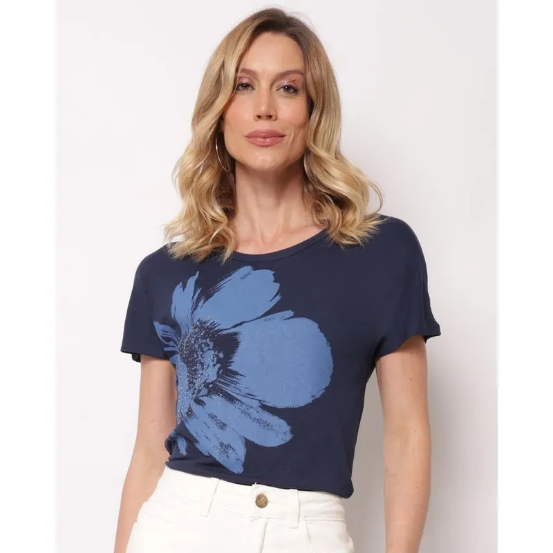 Blusa Feminina Estampa cm Strass Manga Curta Marinho P