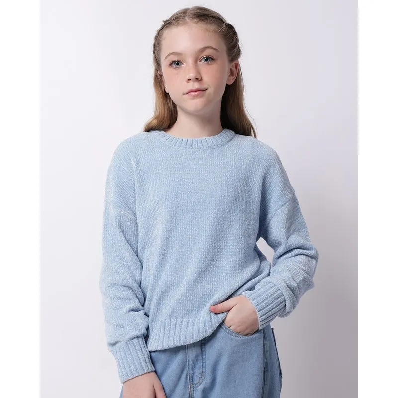 Suéter Juvenil Cropped Tricô Chenille Luréx Azul 16