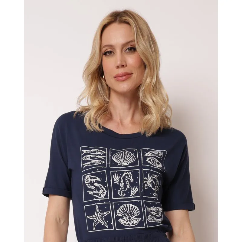 Blusa Feminina Estampa com Aplicação Metalica Marinho GG