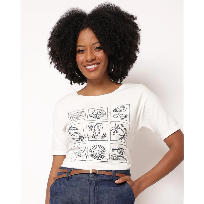 Blusa Feminina Estampa com Aplicação Metalica Off White P