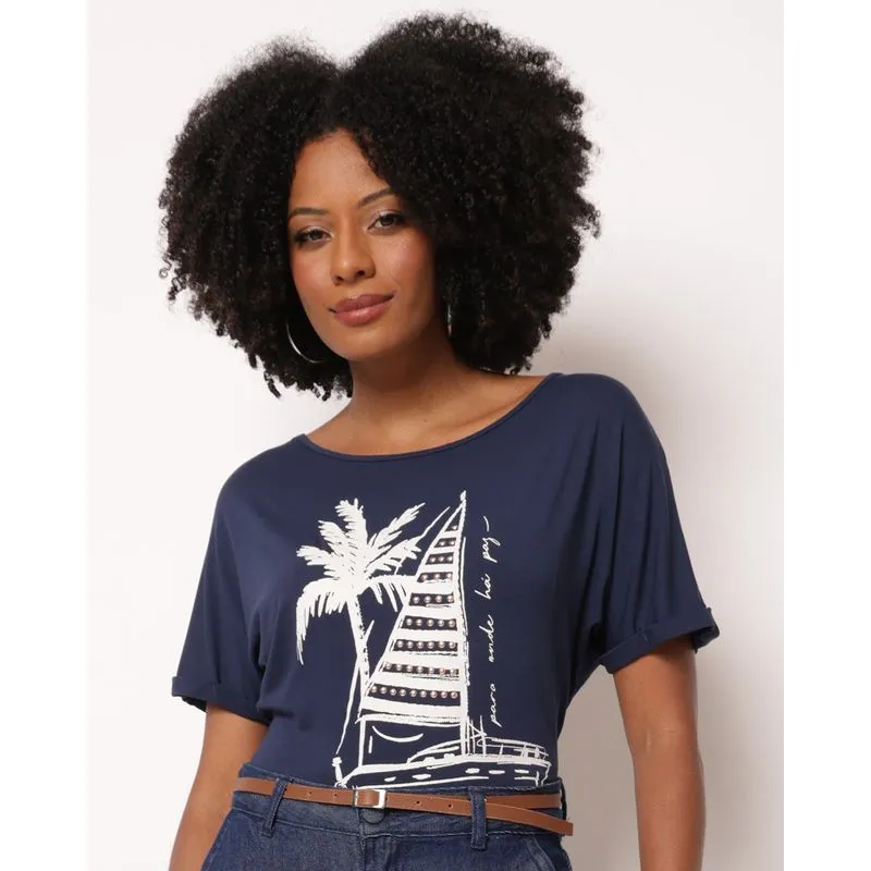 Blusa Feminina Manga Curta com Estampa Marinho GG