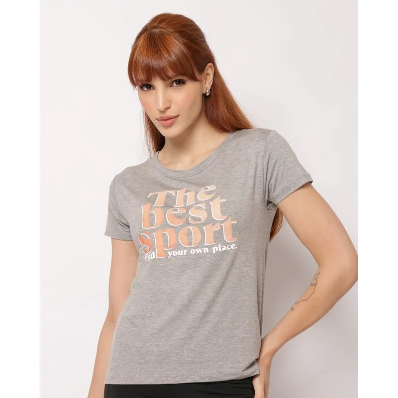 Camiseta Fitness Feminina Fitter Estampa Frontal Manga Curta Cinza GG