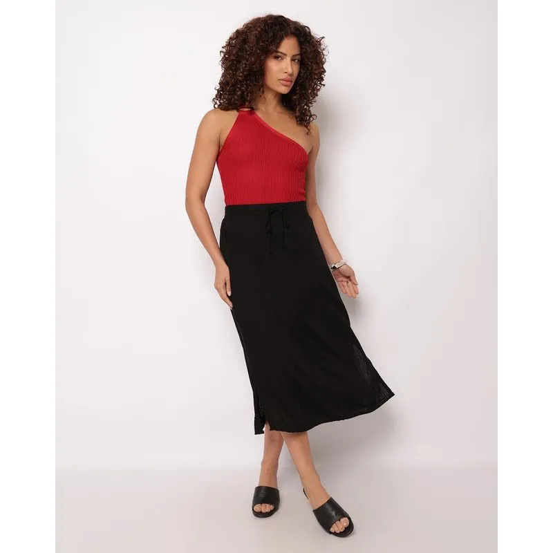 Saia Feminina Berry & Co. Midi Linho com Cordão Preta P