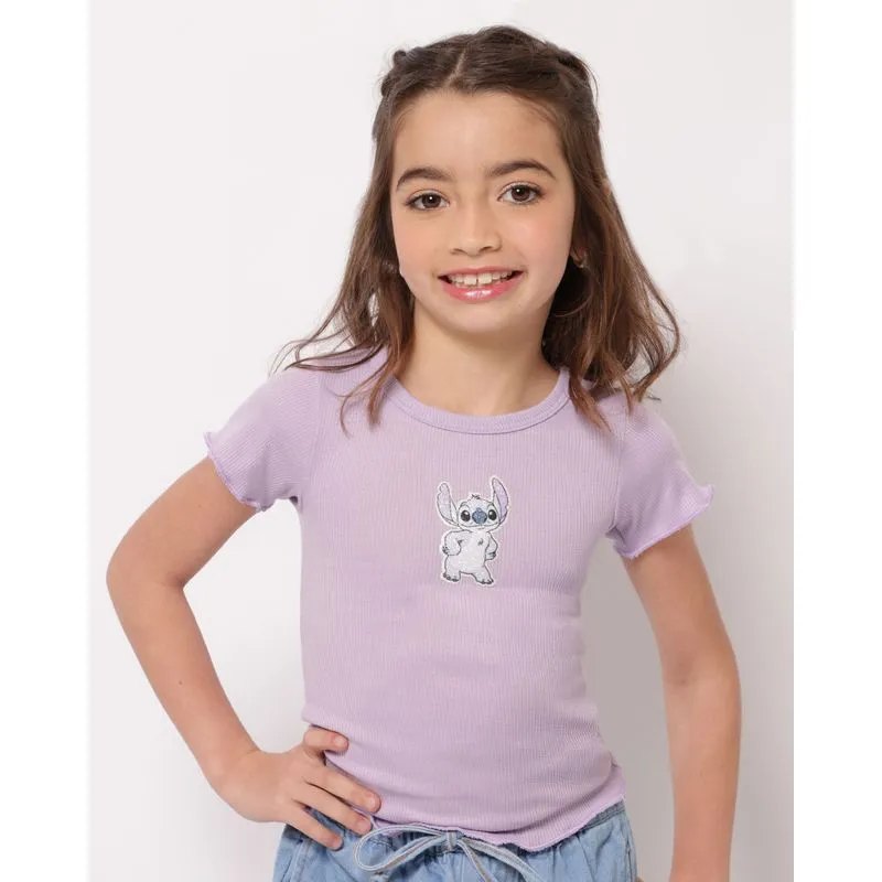Camiseta Infantil Canelada Disney Stitch Frufru Manga Curta Lilás 6