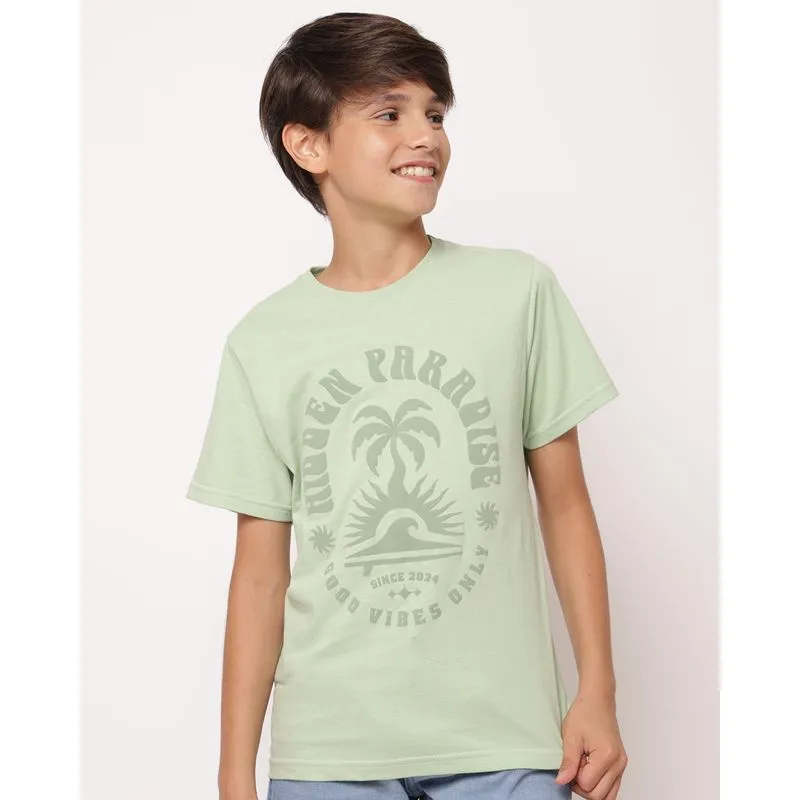 Camiseta Juvenil Manga Curta Estampada Tropical Verde 10