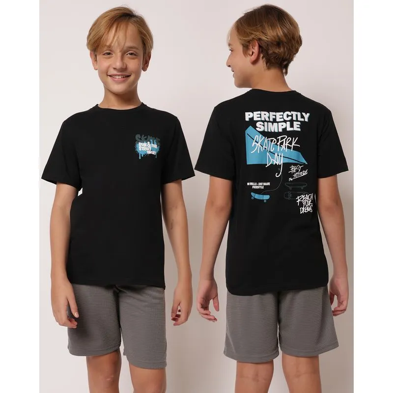 Camiseta Juvenil Algodão Estampa Frente e Costas Skate Preto 10