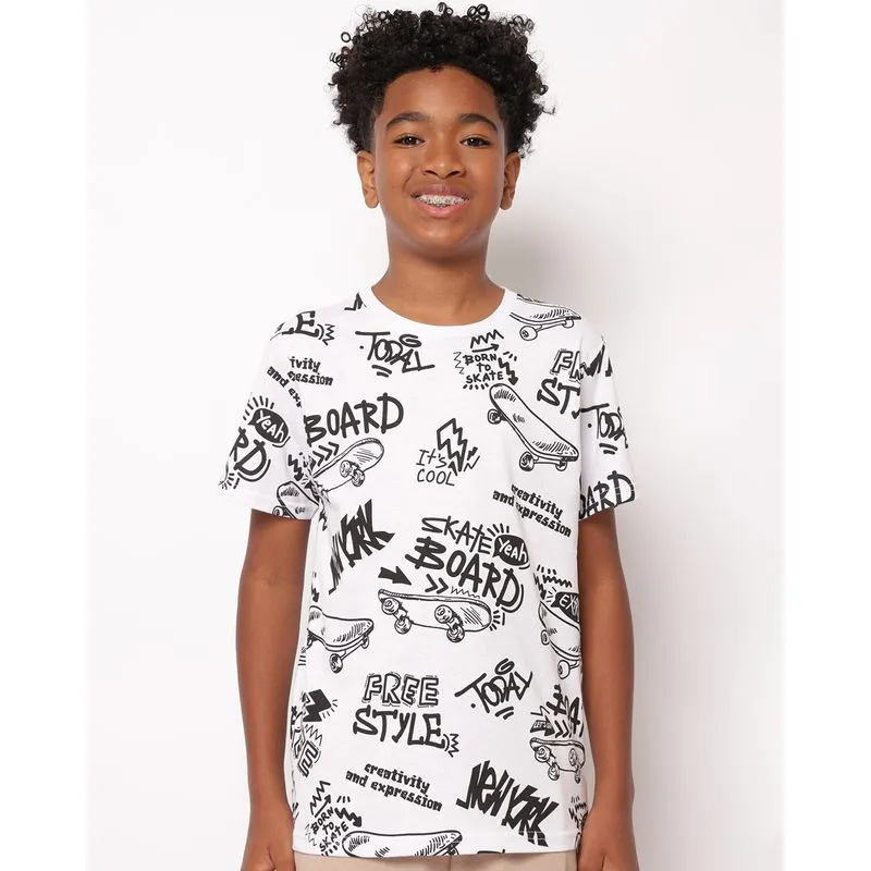 Camiseta Juvenil Algodão Estampada Skate Manga Curta Branca 14
