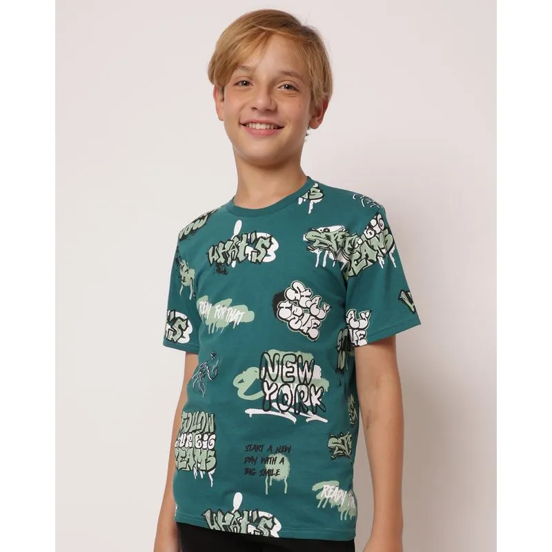 Camiseta Juvenil Estampada Algodão Manga Curta Verde 16