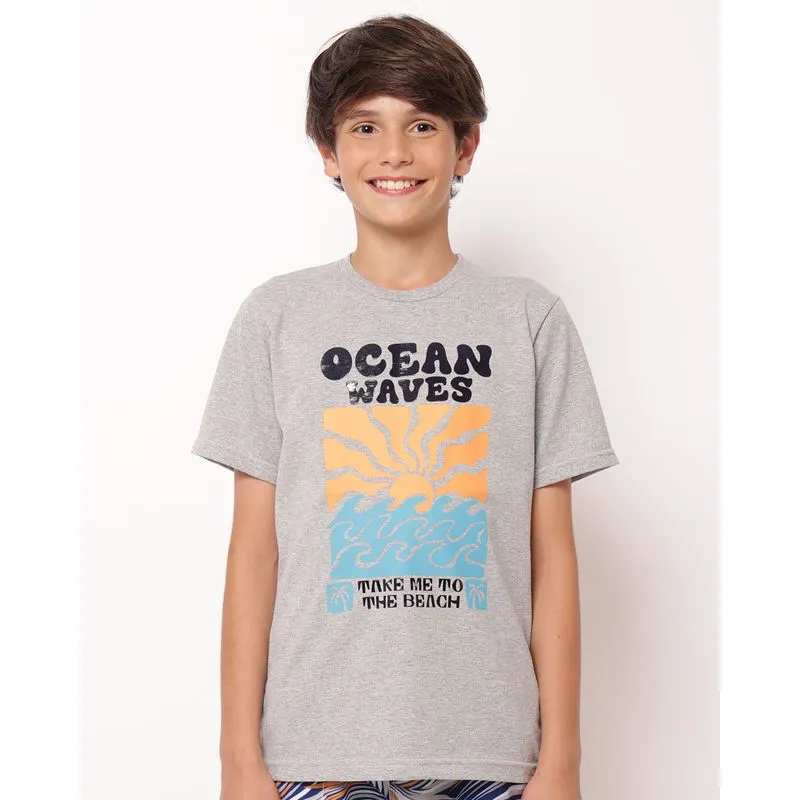 Camiseta Juvenil Manga Curta Estampa Tropical Cinza 12