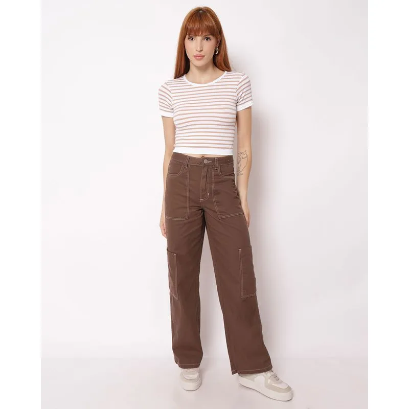 Calça Sarja Feminina Carpinteiro com Bolsos Cargo Marrom 36