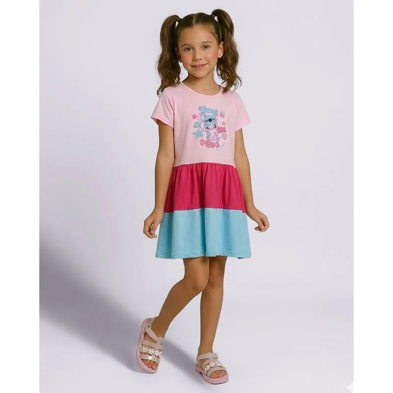 Vestido Infantil Curto Algodão Disney Stitch e Angel Rosa 18