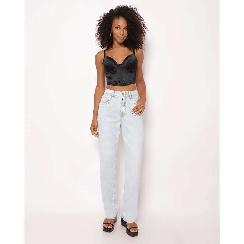 Calça Jeans Feminina Reta com Barra Desfiada Bolsos Azul 36