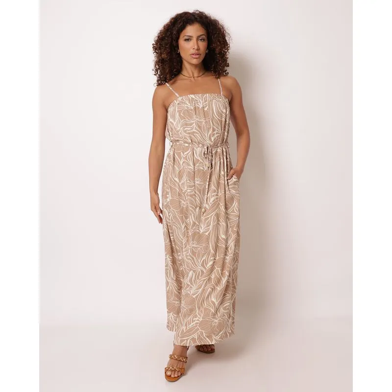 Vestido Feminino Longo Donatta Viscose Estampado Bege M