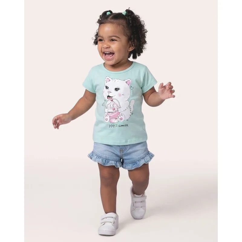 Blusa Bebê Algodão Estampa Gatinha Manga Curta Verde 1