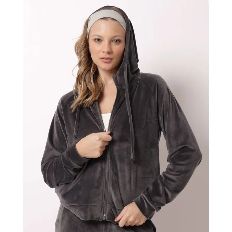 Jaqueta Feminina Plush com Capuz Cinza M
