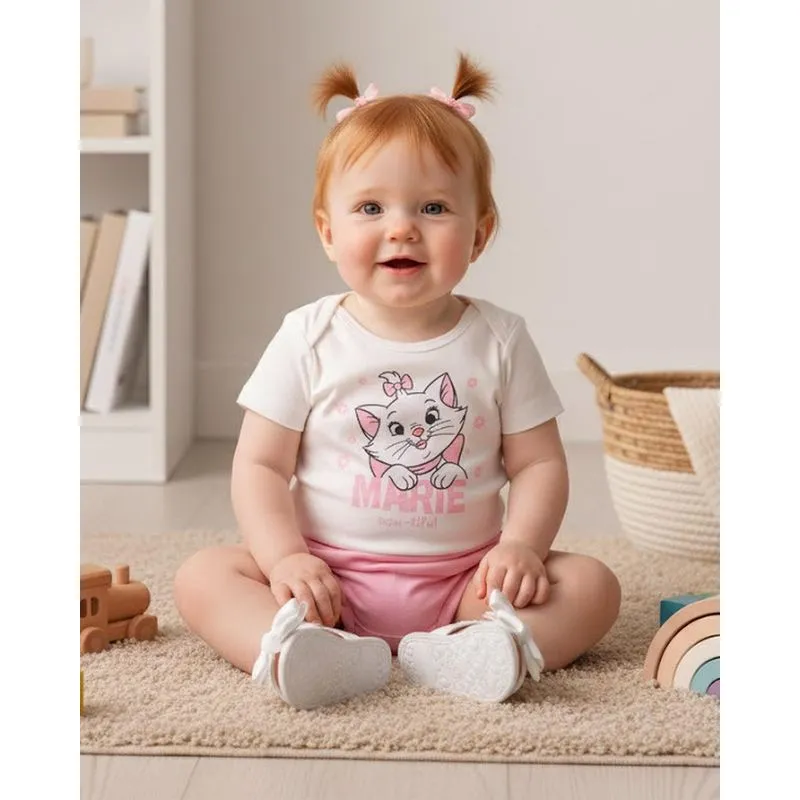 Body Bebê Disney Estampa Marie com Glitter Off White P