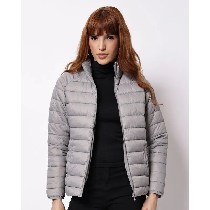 Jaqueta Feminina Puffer Básica com Bolsos Cinza GG