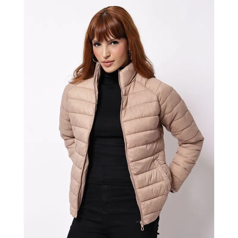 Jaqueta Feminina Puffer Básica com Bolsos Bege PP