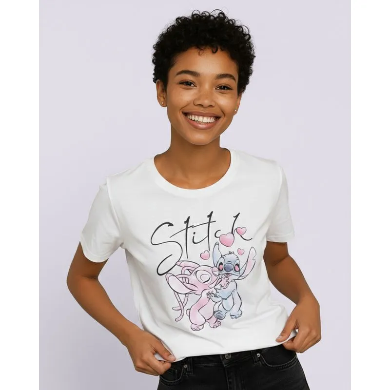 Camiseta Feminina Algodão Disney Stitch e Angel Manga Curta Branca G