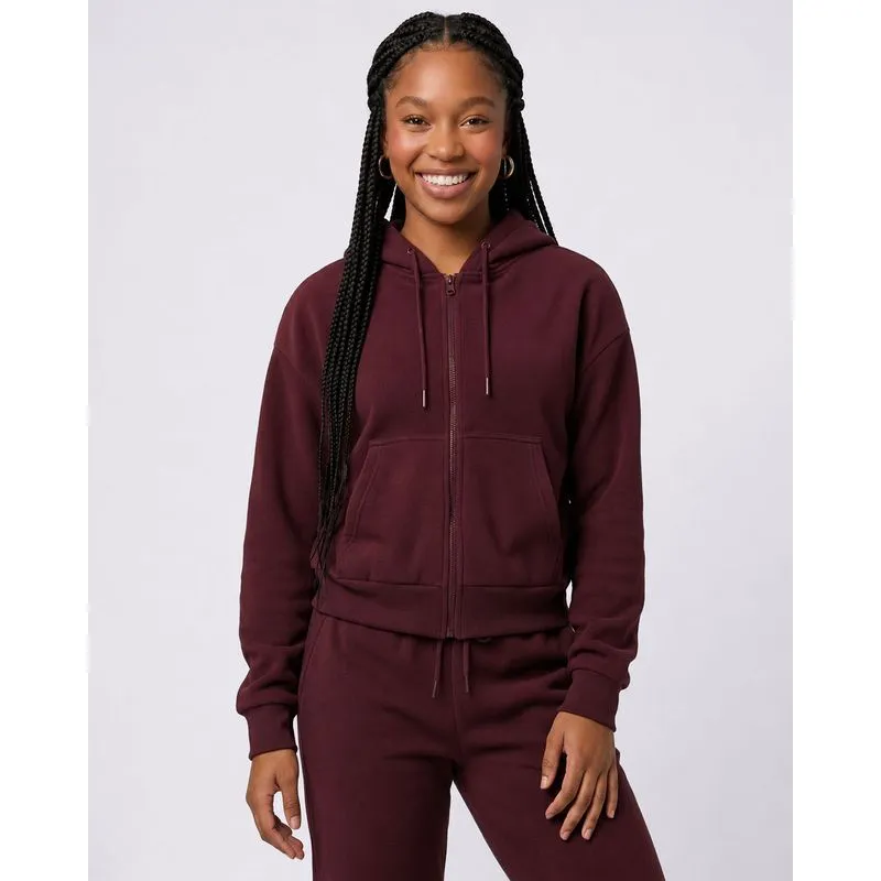 Jaqueta Feminina Básica Fleece com Capuz Bolso Vinho M