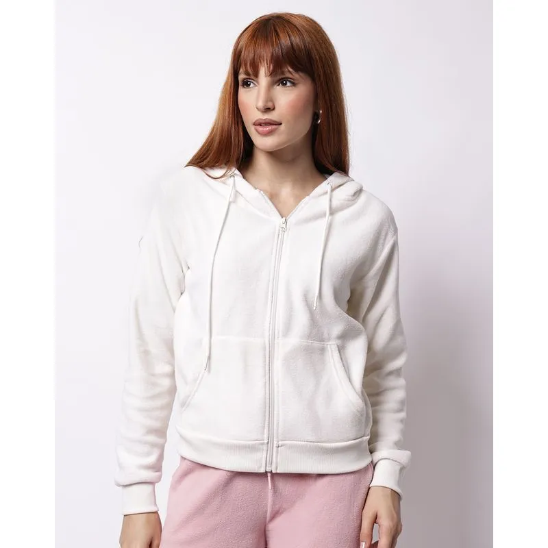 Jaqueta Feminina Básica Fleece com Capuz Bolsos Branca M