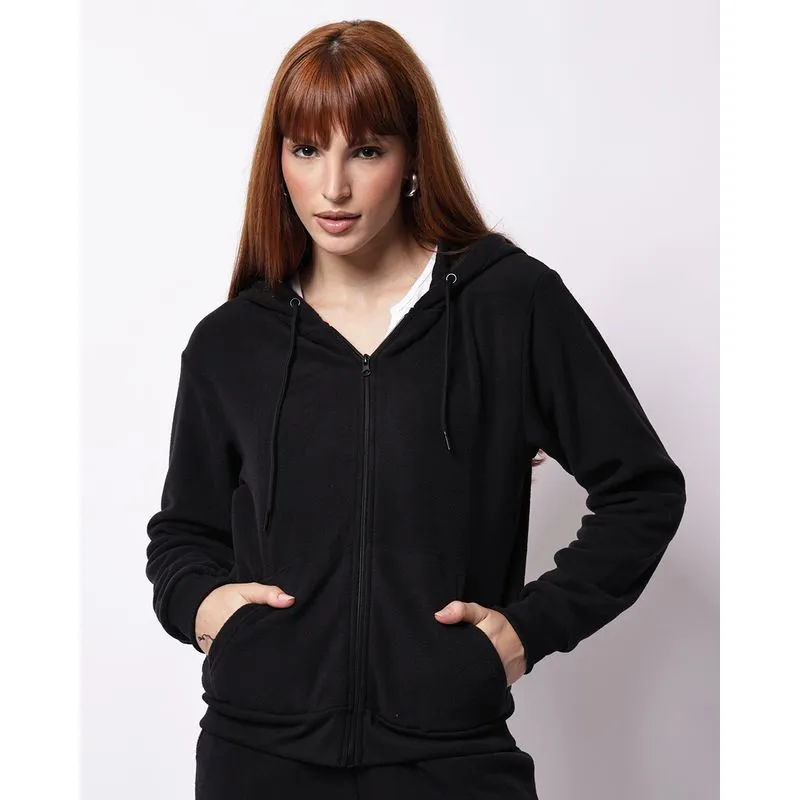 Jaqueta Feminina Básica Fleece com Capuz Bolsos Preta G