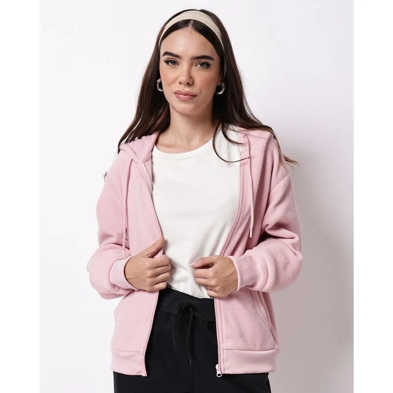 Jaqueta Feminina Fleece com Capuz Bolsos Rosa M