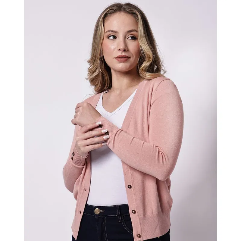 Cardigan Feminino Tricô Básico Rosa P