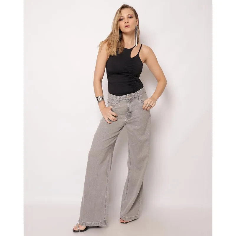 Calça Jeans Feminina Wide Leg com Brilhos Cinza 38