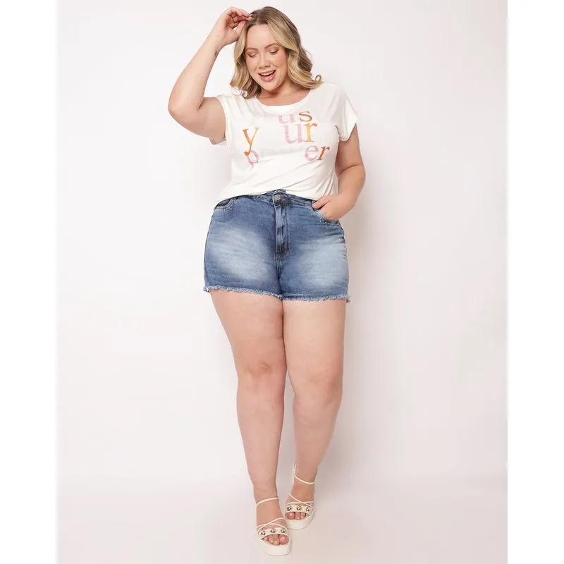 Short Jeans Feminino Plus Size com Strass Azul 42