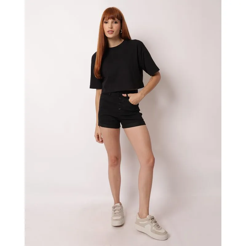 Short Jeans Feminino Cintura Alta com Botões Preto 40