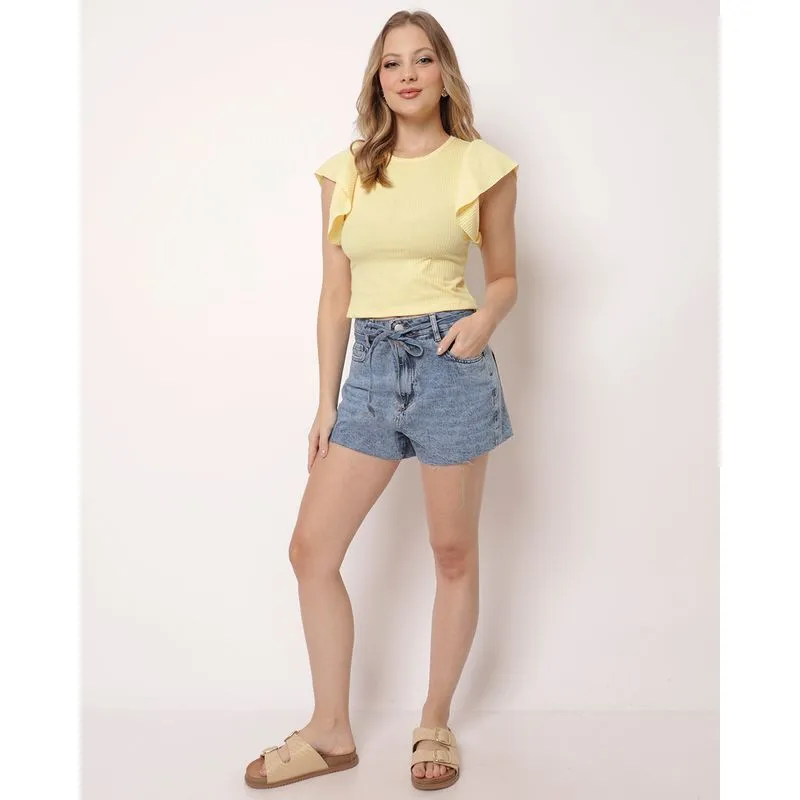 Short Jeans Feminino Barra a Fio com Cordão Azul 38