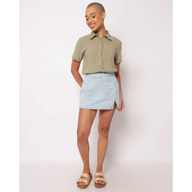 Short Saia Jeans Feminino Zíper Lateral Azul 38