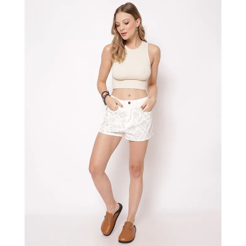 Short Sarja Feminino com Strass Bolsos Off White 40