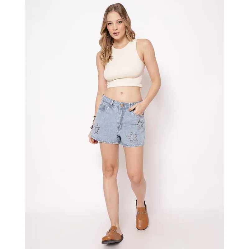 Short Jeans Feminino com Bordado Bolsos Azul 40