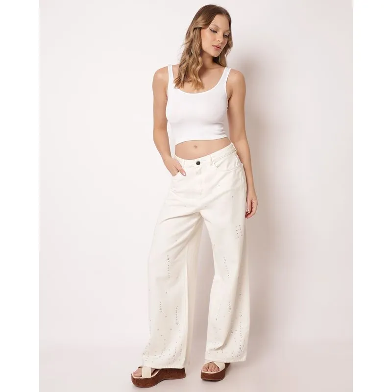 Calça Sarja Feminina Wide Leg com Aplicação Off White 44