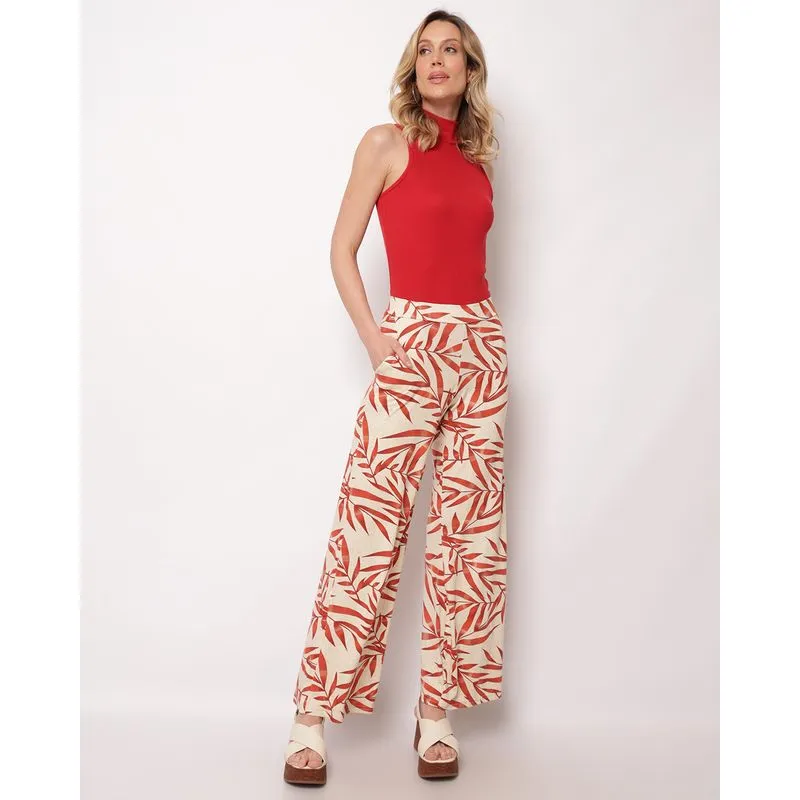 Calça Feminina Pantalona Viscose Estampada Folhagens com Bolsos Bege GG