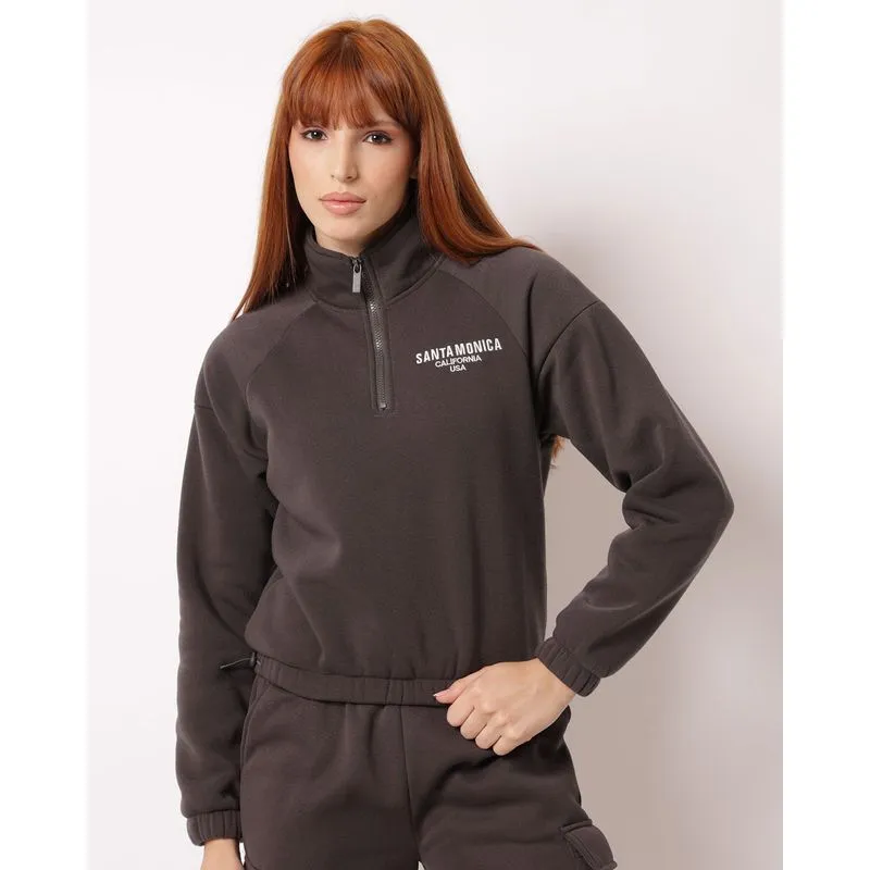 Blusão Moletom Feminino com Bordado Cinza Escuro P