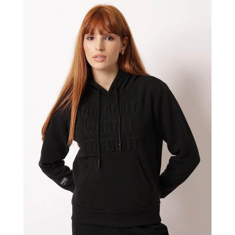 Blusão Moletom Feminino Estampa Alto Relevo com Capuz Preto G