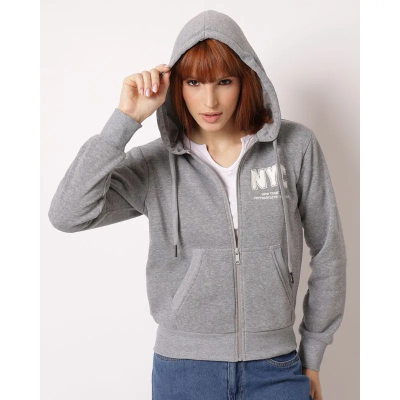 Jaqueta Moletom Feminino com Capuz e Bolsos Cinza M