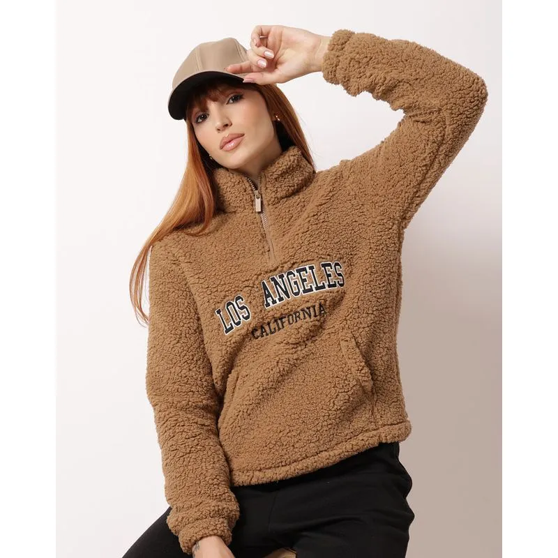 Blusão Feminino Peluciado com Bolso Canguru Bege P