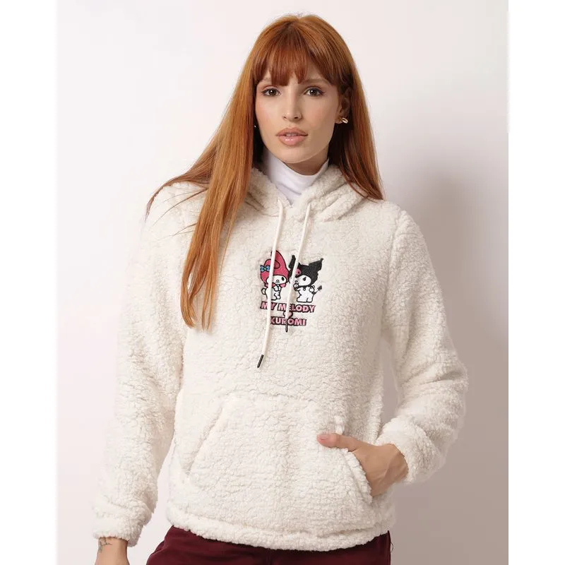 Blusão Feminino Peluciado Sanrio My Melody Kuromi com Capuz Off White G