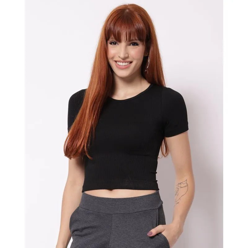 Blusa Cropped Feminina Sem Costura Manga Curta Preto P