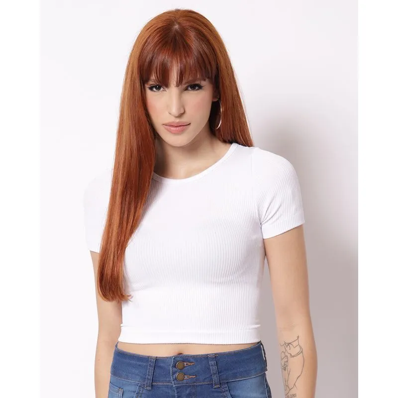 Blusa Cropped Feminina Sem Costura Manga Curta Branca M