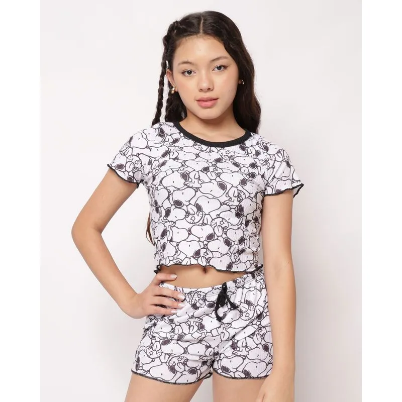 Pijama Juvenil Curto Canelado Estampado Peanuts Snoopy Branco 12