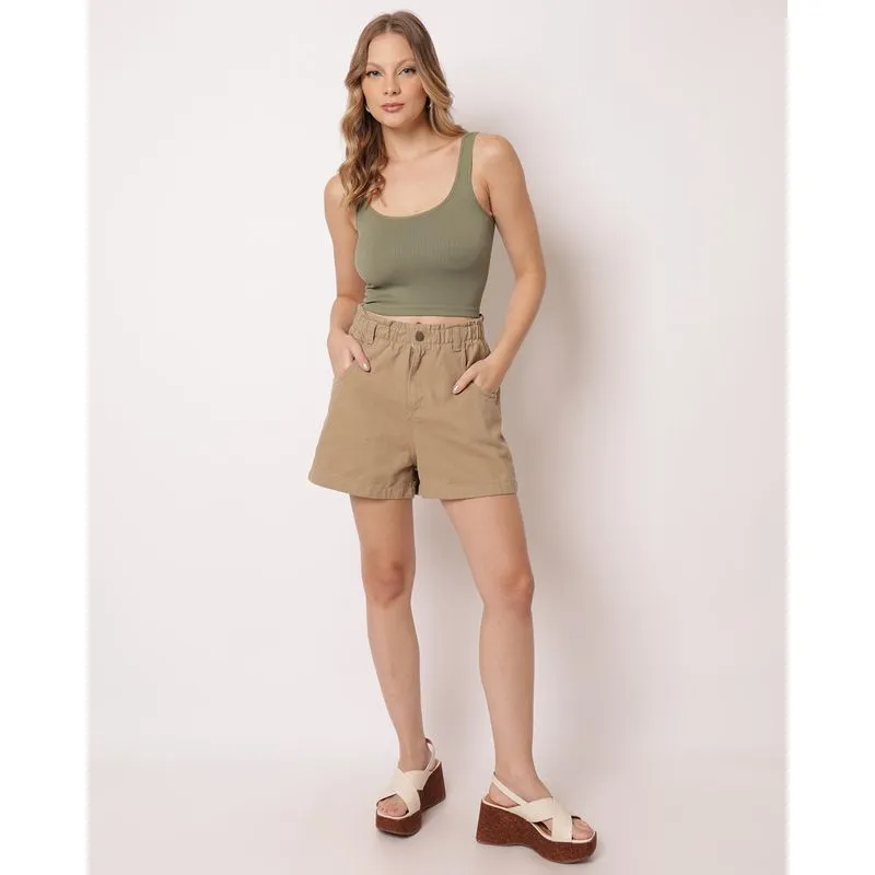 Short Sarja Feminino com Elástico Cintura Bege 52