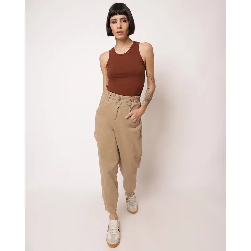 Calça Sarja Feminina Mom Clochard Bege 46