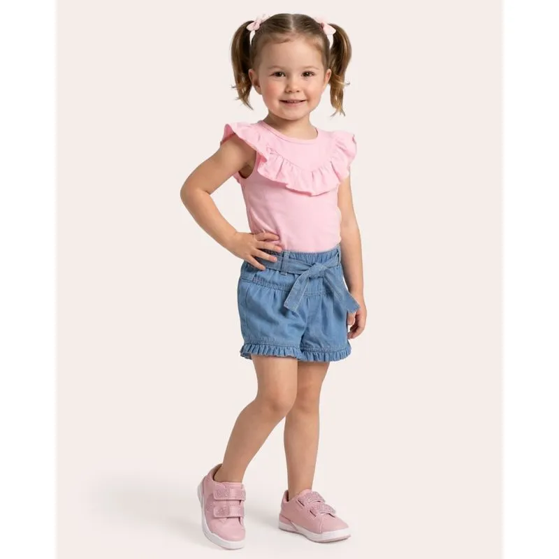 Short Jeans Bebê com Babados e Laço Azul 4