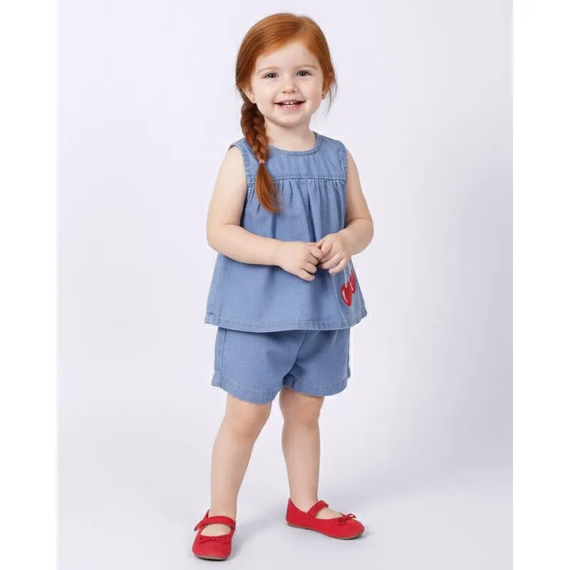Conjunto Bebê Jeans Bordado Cereja Azul 2